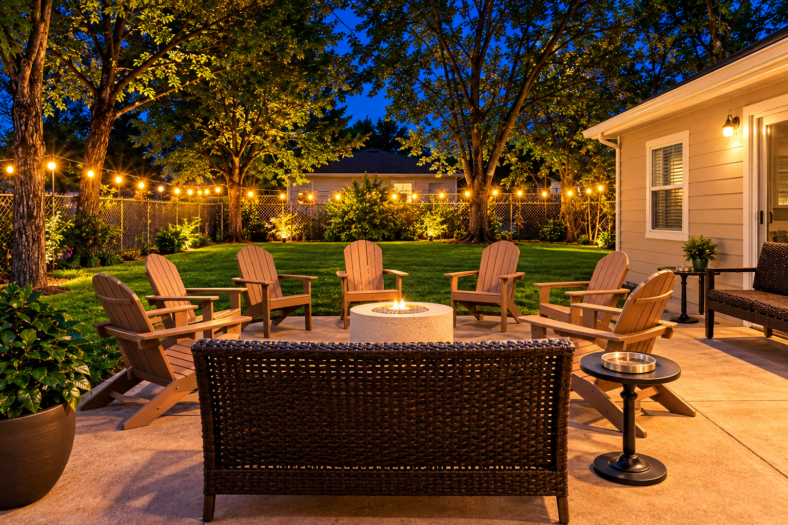 Backyard at night with illuminated fence-line string lights